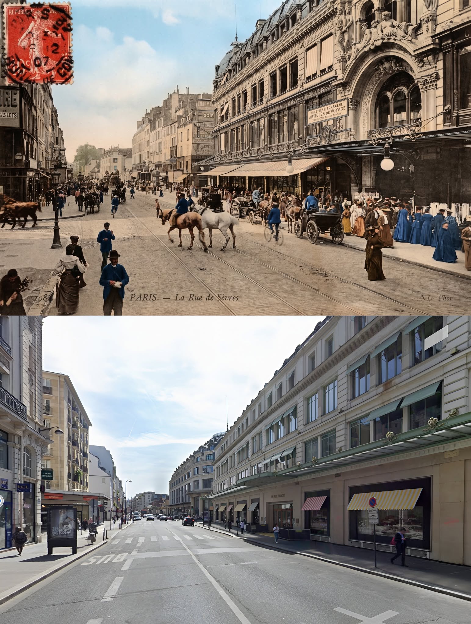 Paris (7) Rue de Sèvres magasin au Bon Marché en 1900 et de nos jours.jpg